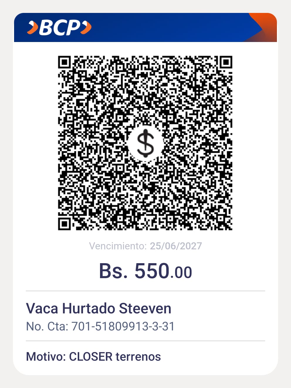 QR de pago Bs 550 CLOSER DE TERRENOS